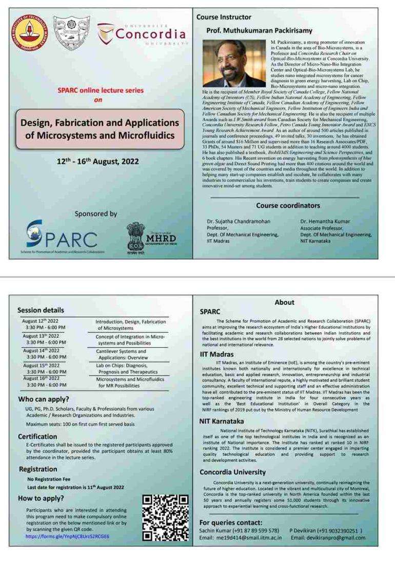 SPARC online lecture series on "Design, Fabrication and Applications of Microsystems and Microfluidics" SPARC online lecture series on "Design, Fabrication and Applications of Microsystems and Microfluidics"