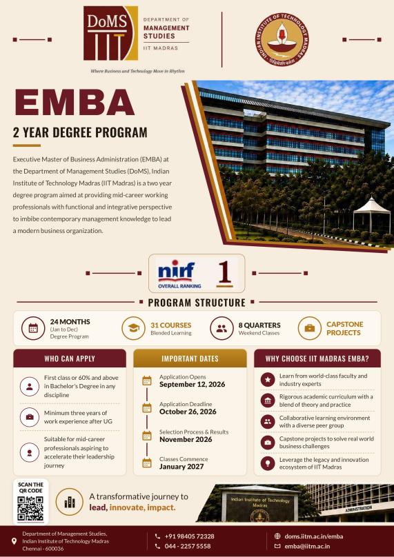 IIT Madras invites applications for Executive MBA Degree