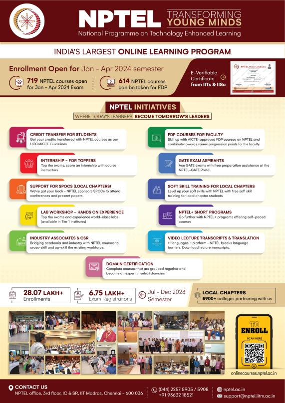 NPTEL-IIT Madras calls for applications for 720 Online Certification Courses for January-April 2024 Semester